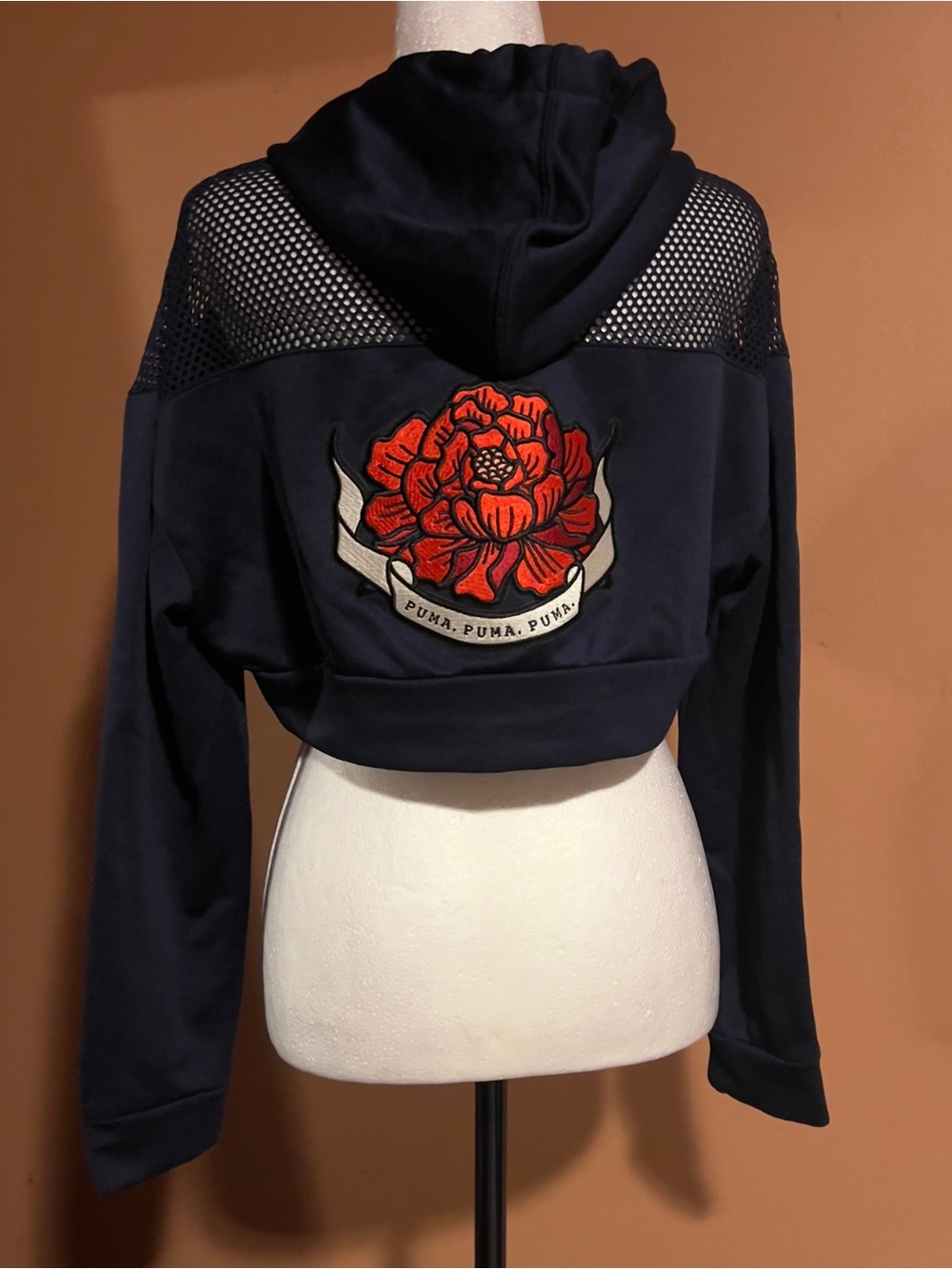 Puma Navy Cropped Hoodie with Red Floral Patch